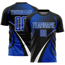 Load image into Gallery viewer, Custom Black Thunder Blue-White Halftone Dot Dynamic Curve Stripe Sublimation Soccer Uniform Jersey