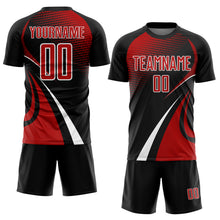 Загрузить изображение в средство просмотра галереи, Custom Black Red-White Halftone Dot Dynamic Curve Stripe Sublimation Soccer Uniform Jersey
