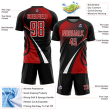 Загрузить изображение в средство просмотра галереи, Custom Black Red-White Halftone Dot Dynamic Curve Stripe Sublimation Soccer Uniform Jersey