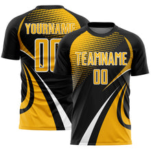 Charger l'image dans la galerie, Custom Black Gold-White Halftone Dot Dynamic Curve Stripe Sublimation Soccer Uniform Jersey