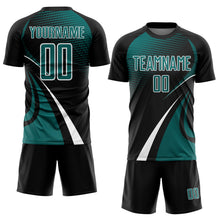 Charger l'image dans la galerie, Custom Black Teal-White Halftone Dot Dynamic Curve Stripe Sublimation Soccer Uniform Jersey