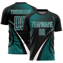 Charger l'image dans la galerie, Custom Black Teal-White Halftone Dot Dynamic Curve Stripe Sublimation Soccer Uniform Jersey