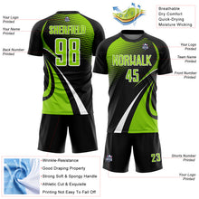 Laden Sie das Bild in den Galerie-Viewer, Custom Black Neon Green-White Halftone Dot Dynamic Curve Stripe Sublimation Soccer Uniform Jersey