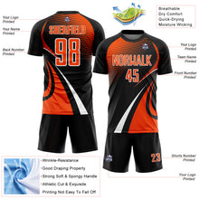 Laden Sie das Bild in den Galerie-Viewer, Custom Black Orange-White Halftone Dot Dynamic Curve Stripe Sublimation Soccer Uniform Jersey