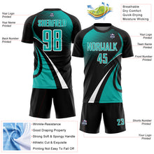 Laden Sie das Bild in den Galerie-Viewer, Custom Black Aqua-White Halftone Dot Dynamic Curve Stripe Sublimation Soccer Uniform Jersey