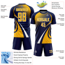 Charger l'image dans la galerie, Custom Navy Gold-White Halftone Dot Dynamic Curve Stripe Sublimation Soccer Uniform Jersey
