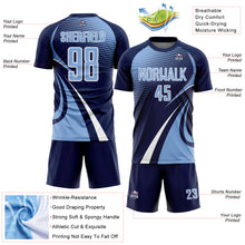 Загрузить изображение в средство просмотра галереи, Custom Navy Light Blue-White Halftone Dot Dynamic Curve Stripe Sublimation Soccer Uniform Jersey