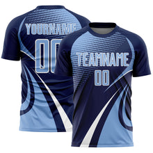 Загрузить изображение в средство просмотра галереи, Custom Navy Light Blue-White Halftone Dot Dynamic Curve Stripe Sublimation Soccer Uniform Jersey