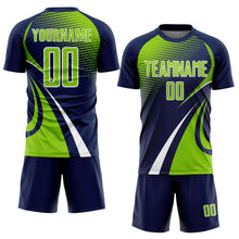 Laden Sie das Bild in den Galerie-Viewer, Custom Navy Neon Green-White Halftone Dot Dynamic Curve Stripe Sublimation Soccer Uniform Jersey