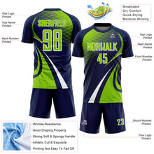 Laden Sie das Bild in den Galerie-Viewer, Custom Navy Neon Green-White Halftone Dot Dynamic Curve Stripe Sublimation Soccer Uniform Jersey