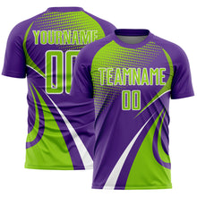 Загрузить изображение в средство просмотра галереи, Custom Purple Neon Green-White Halftone Dot Dynamic Curve Stripe Sublimation Soccer Uniform Jersey