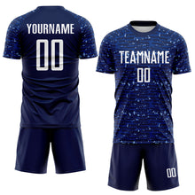 Load image into Gallery viewer, Custom Navy-White Distressed Fragment Brush Stroke Sublimation Soccer Uniform Jersey