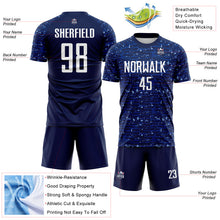 Load image into Gallery viewer, Custom Navy-White Distressed Fragment Brush Stroke Sublimation Soccer Uniform Jersey