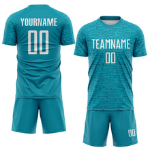 Laden Sie das Bild in den Galerie-Viewer, Custom Teal-White Distressed Fragment Brush Stroke Sublimation Soccer Uniform Jersey