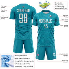 Laden Sie das Bild in den Galerie-Viewer, Custom Teal-White Distressed Fragment Brush Stroke Sublimation Soccer Uniform Jersey