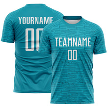 Laden Sie das Bild in den Galerie-Viewer, Custom Teal-White Distressed Fragment Brush Stroke Sublimation Soccer Uniform Jersey