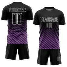 Laden Sie das Bild in den Galerie-Viewer, Custom Black Medium Purple-White Geometric Wave Gradient Sublimation Soccer Uniform Jersey