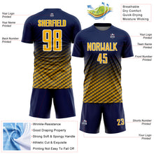 Laden Sie das Bild in den Galerie-Viewer, Custom Navy Gold-White Geometric Wave Gradient Sublimation Soccer Uniform Jersey