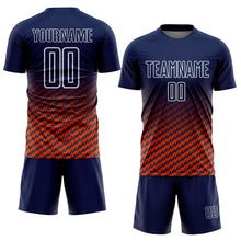 Laden Sie das Bild in den Galerie-Viewer, Custom Navy Orange-White Geometric Wave Gradient Sublimation Soccer Uniform Jersey