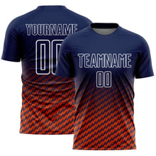 Laden Sie das Bild in den Galerie-Viewer, Custom Navy Orange-White Geometric Wave Gradient Sublimation Soccer Uniform Jersey