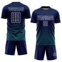 Laden Sie das Bild in den Galerie-Viewer, Custom Navy Teal-White Geometric Wave Gradient Sublimation Soccer Uniform Jersey
