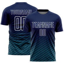 Laden Sie das Bild in den Galerie-Viewer, Custom Navy Teal-White Geometric Wave Gradient Sublimation Soccer Uniform Jersey