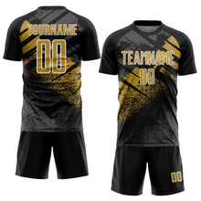 Загрузить изображение в средство просмотра галереи, Custom Black Old Gold-White Grunge Splatter Brush Stroke Sublimation Soccer Uniform Jersey