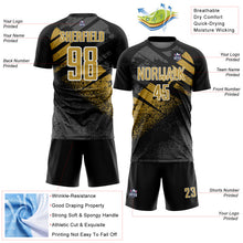 Загрузить изображение в средство просмотра галереи, Custom Black Old Gold-White Grunge Splatter Brush Stroke Sublimation Soccer Uniform Jersey