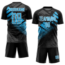 Laden Sie das Bild in den Galerie-Viewer, Custom Black Sky Blue-White Grunge Splatter Brush Stroke Sublimation Soccer Uniform Jersey
