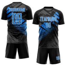 Laden Sie das Bild in den Galerie-Viewer, Custom Black Powder Blue-White Grunge Splatter Brush Stroke Sublimation Soccer Uniform Jersey
