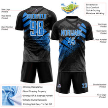 Laden Sie das Bild in den Galerie-Viewer, Custom Black Powder Blue-White Grunge Splatter Brush Stroke Sublimation Soccer Uniform Jersey
