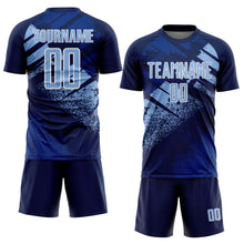 Laden Sie das Bild in den Galerie-Viewer, Custom Navy Light Blue-White Grunge Splatter Brush Stroke Sublimation Soccer Uniform Jersey