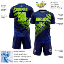 Laden Sie das Bild in den Galerie-Viewer, Custom Navy Neon Green-White Grunge Splatter Brush Stroke Sublimation Soccer Uniform Jersey