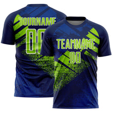 Laden Sie das Bild in den Galerie-Viewer, Custom Navy Neon Green-White Grunge Splatter Brush Stroke Sublimation Soccer Uniform Jersey
