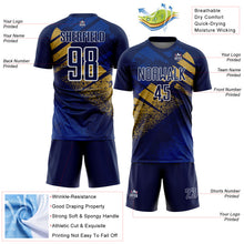 Load image into Gallery viewer, Custom Navy Old Gold-White Grunge Splatter Brush Stroke Sublimation Soccer Uniform Jersey