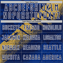 Load image into Gallery viewer, Custom Navy Old Gold-White Grunge Splatter Brush Stroke Sublimation Soccer Uniform Jersey