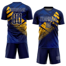 Laden Sie das Bild in den Galerie-Viewer, Custom Navy Gold-White Grunge Splatter Brush Stroke Sublimation Soccer Uniform Jersey