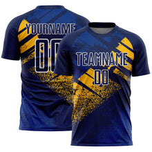 Laden Sie das Bild in den Galerie-Viewer, Custom Navy Gold-White Grunge Splatter Brush Stroke Sublimation Soccer Uniform Jersey