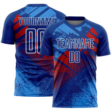 Load image into Gallery viewer, Custom Royal Red-White Grunge Splatter Brush Stroke Sublimation Soccer Uniform Jersey