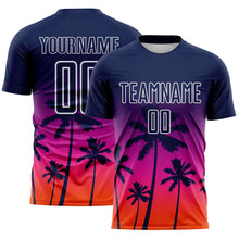 Charger l'image dans la galerie, Custom Navy Deep Pink Orange-White Tropical Hawaii Palm Trees Gradient Sublimation Soccer Uniform Jersey