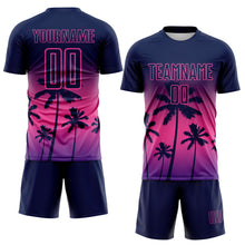 Laden Sie das Bild in den Galerie-Viewer, Custom Navy Pink-Purple Tropical Hawaii Palm Trees Gradient Sublimation Soccer Uniform Jersey