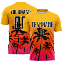 Load image into Gallery viewer, Custom Gold Black Orange Hot Pink-White Tropical Hawaii Palm Trees Gradient Sublimation Soccer Uniform Jersey
