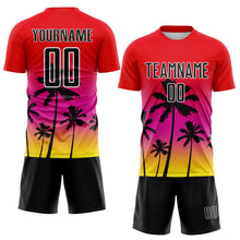 Laden Sie das Bild in den Galerie-Viewer, Custom Fire Red Black Deep Pink Light Yellow-White Tropical Hawaii Palm Trees Gradient Sublimation Soccer Uniform Jersey