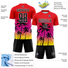 Laden Sie das Bild in den Galerie-Viewer, Custom Fire Red Black Deep Pink Light Yellow-White Tropical Hawaii Palm Trees Gradient Sublimation Soccer Uniform Jersey