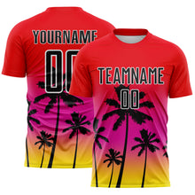 Laden Sie das Bild in den Galerie-Viewer, Custom Fire Red Black Deep Pink Light Yellow-White Tropical Hawaii Palm Trees Gradient Sublimation Soccer Uniform Jersey