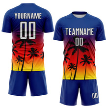 Laden Sie das Bild in den Galerie-Viewer, Custom Royal White Fire Red Light Yellow-Black Tropical Hawaii Palm Trees Gradient Sublimation Soccer Uniform Jersey