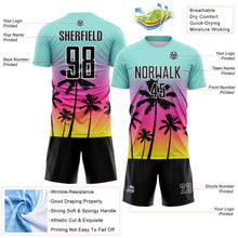 Load image into Gallery viewer, Custom Ice Blue Black Pink Neon Yellow-White Tropical Hawaii Palm Trees Gradient Sublimation Soccer Uniform Jersey