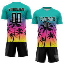 Load image into Gallery viewer, Custom Aqua Black Pink Neon Yellow-White Tropical Hawaii Palm Trees Gradient Sublimation Soccer Uniform Jersey