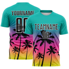 Load image into Gallery viewer, Custom Aqua Black Pink Neon Yellow-White Tropical Hawaii Palm Trees Gradient Sublimation Soccer Uniform Jersey