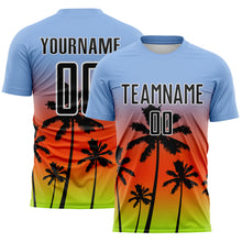 Laden Sie das Bild in den Galerie-Viewer, Custom Light Blue Black Orange Neon Green-White Tropical Hawaii Palm Trees Gradient Sublimation Soccer Uniform Jersey